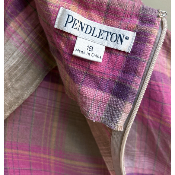 Pendleton 100% Linen Plaid Midi Dress Sleeveless Pink Taupe Preppy Plus Size 18 - Picture 6 of 16